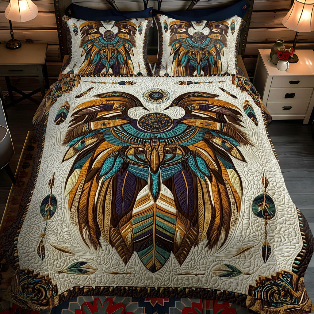 Southwest Harmony quilted 3-piece bedding set on a made bed with two matching pillow shams