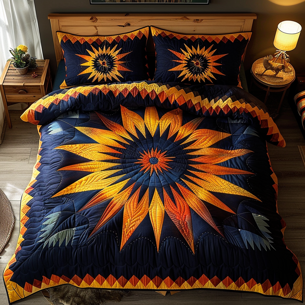Southwest Horizon quilted 3-piece bedding set on a made bed with two matching pillow shams
