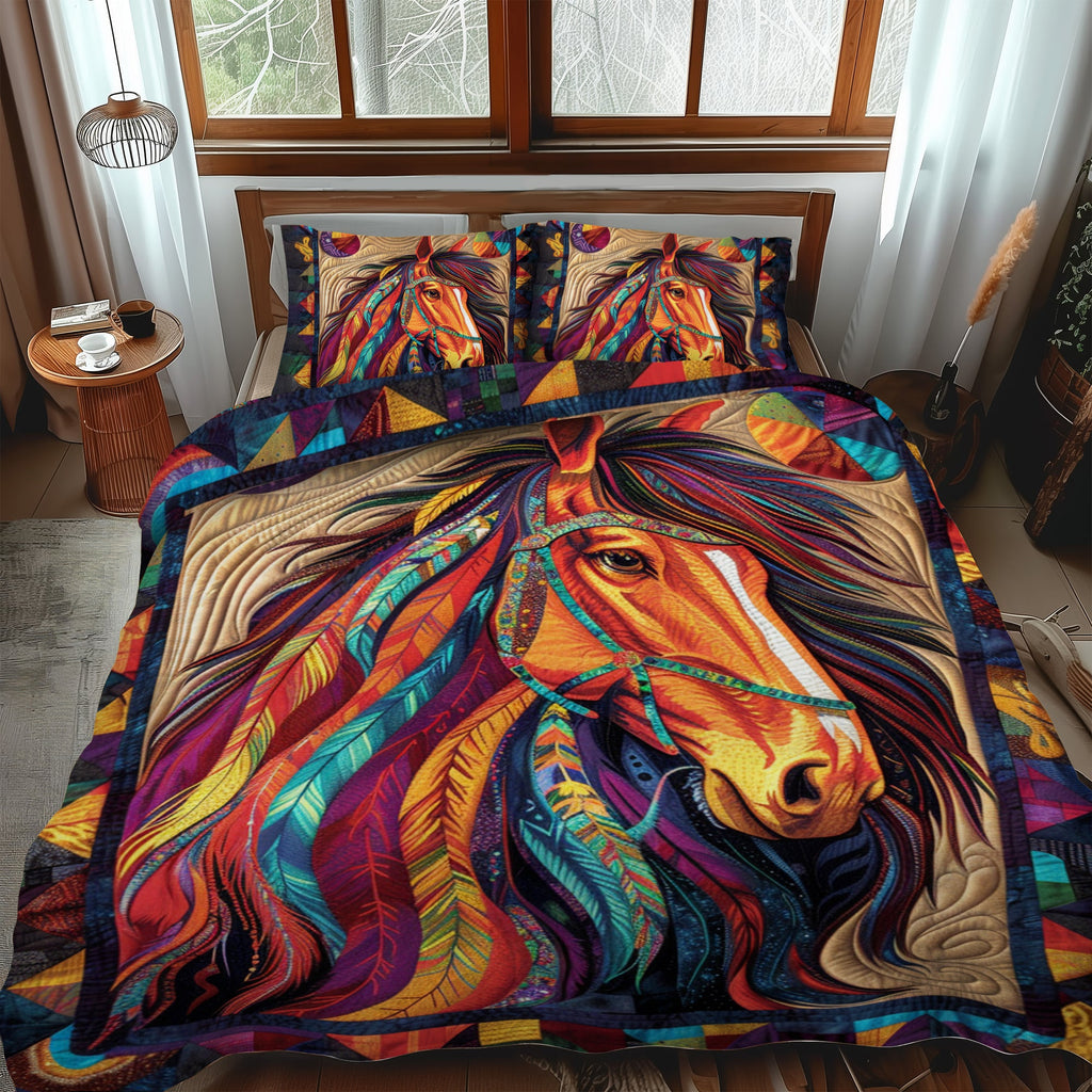 Southwest Horse Animal quilted 3-piece bedding set on a made bed with two matching pillow shams