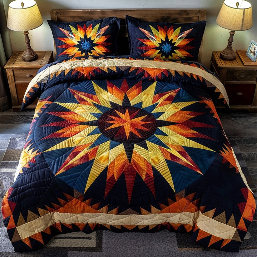Southwest Meteor quilted 3-piece bedding set on a made bed with two matching pillow shams