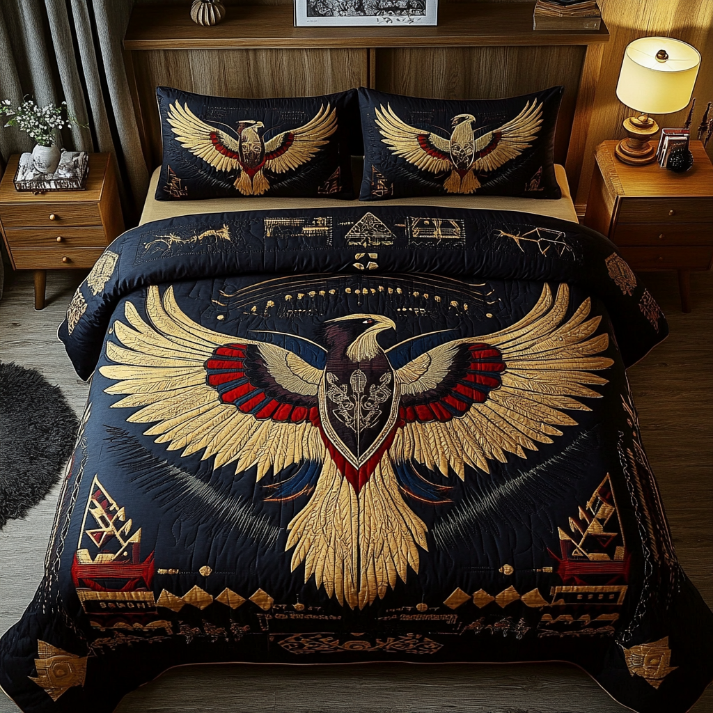 Southwest Soar quilted 3-piece bedding set on a made bed with two matching pillow shams