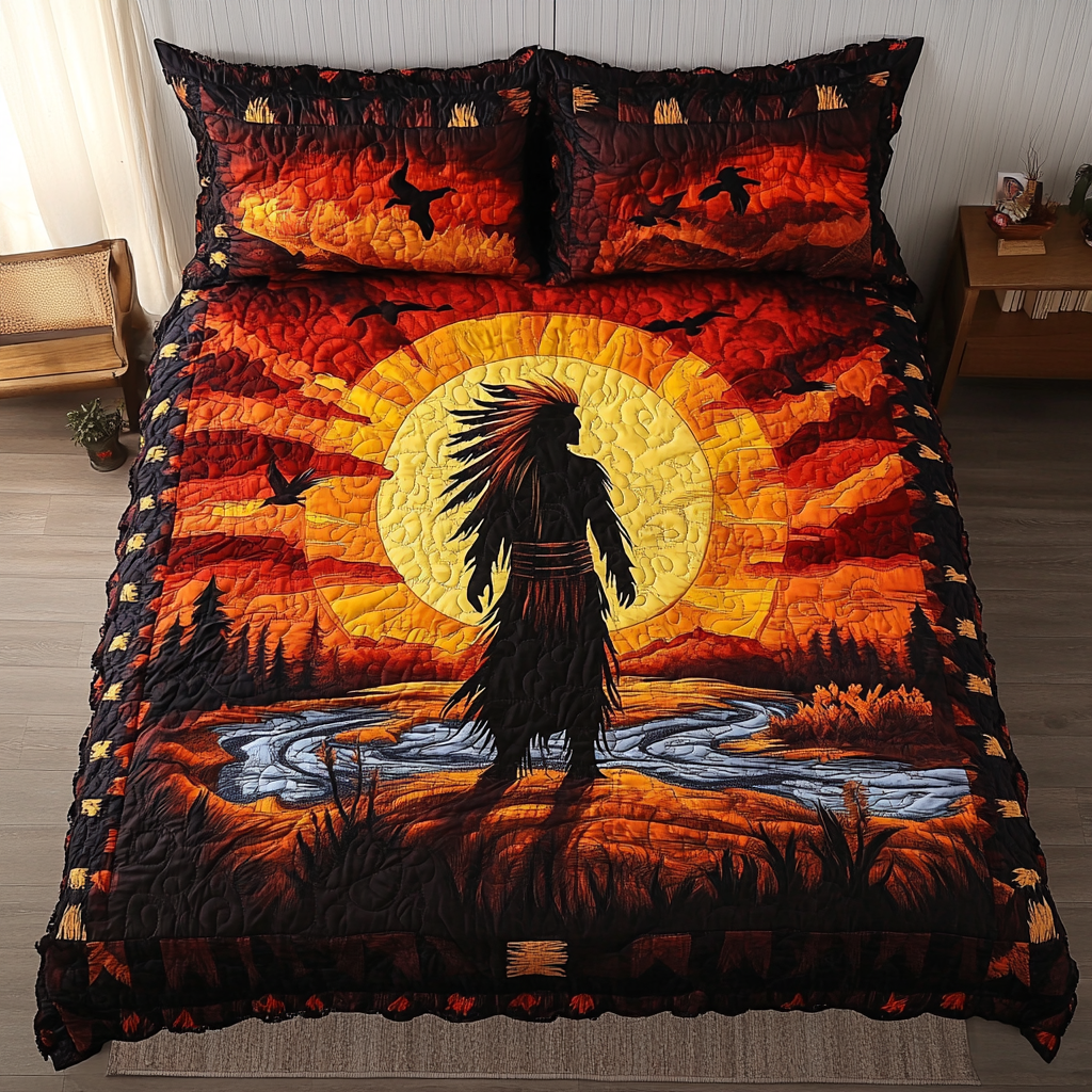 Southwest Soul quilted 3-piece bedding set on a made bed with two matching pillow shams