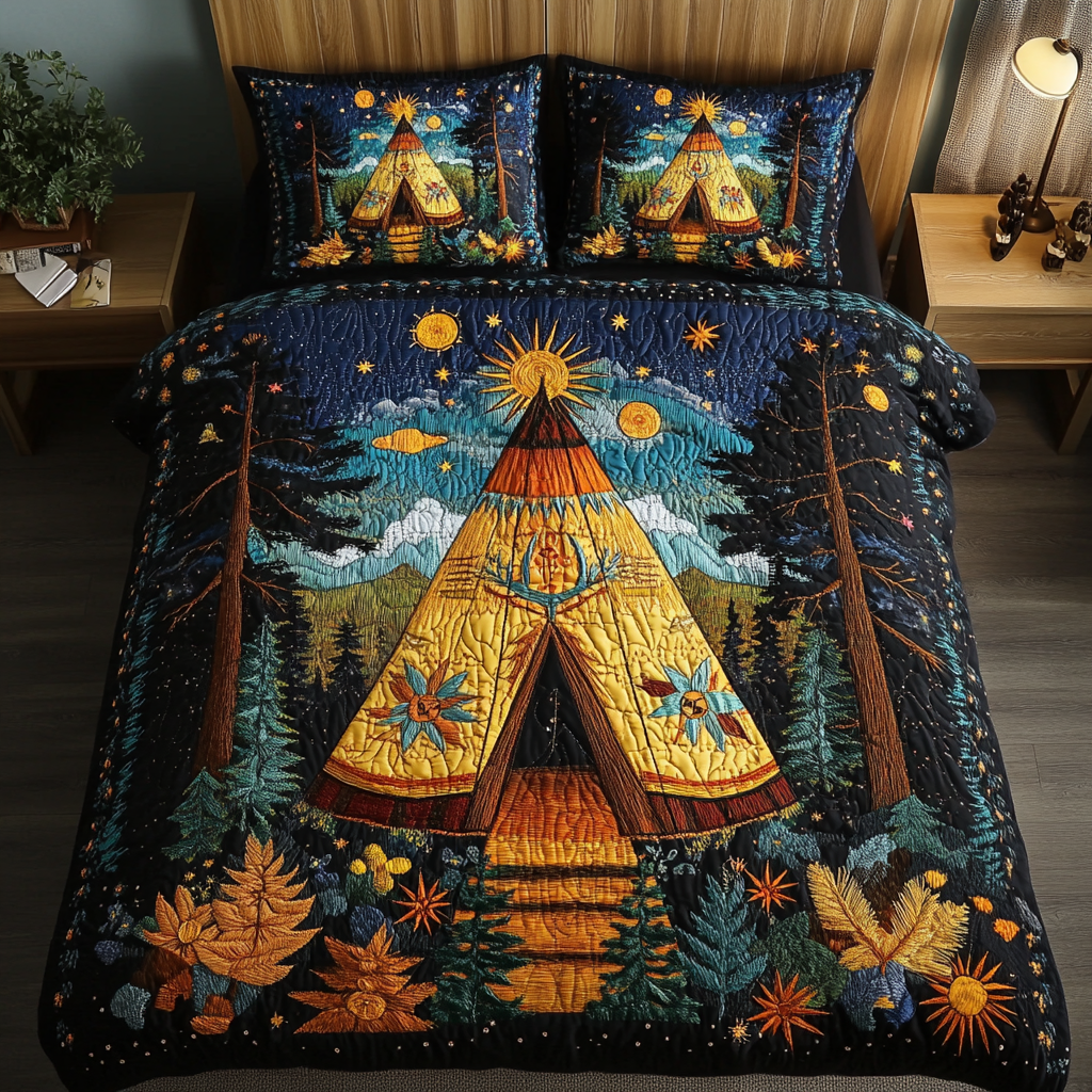 Southwest Spirit Bison quilted 3-piece bedding set on a made bed with two matching pillow shams