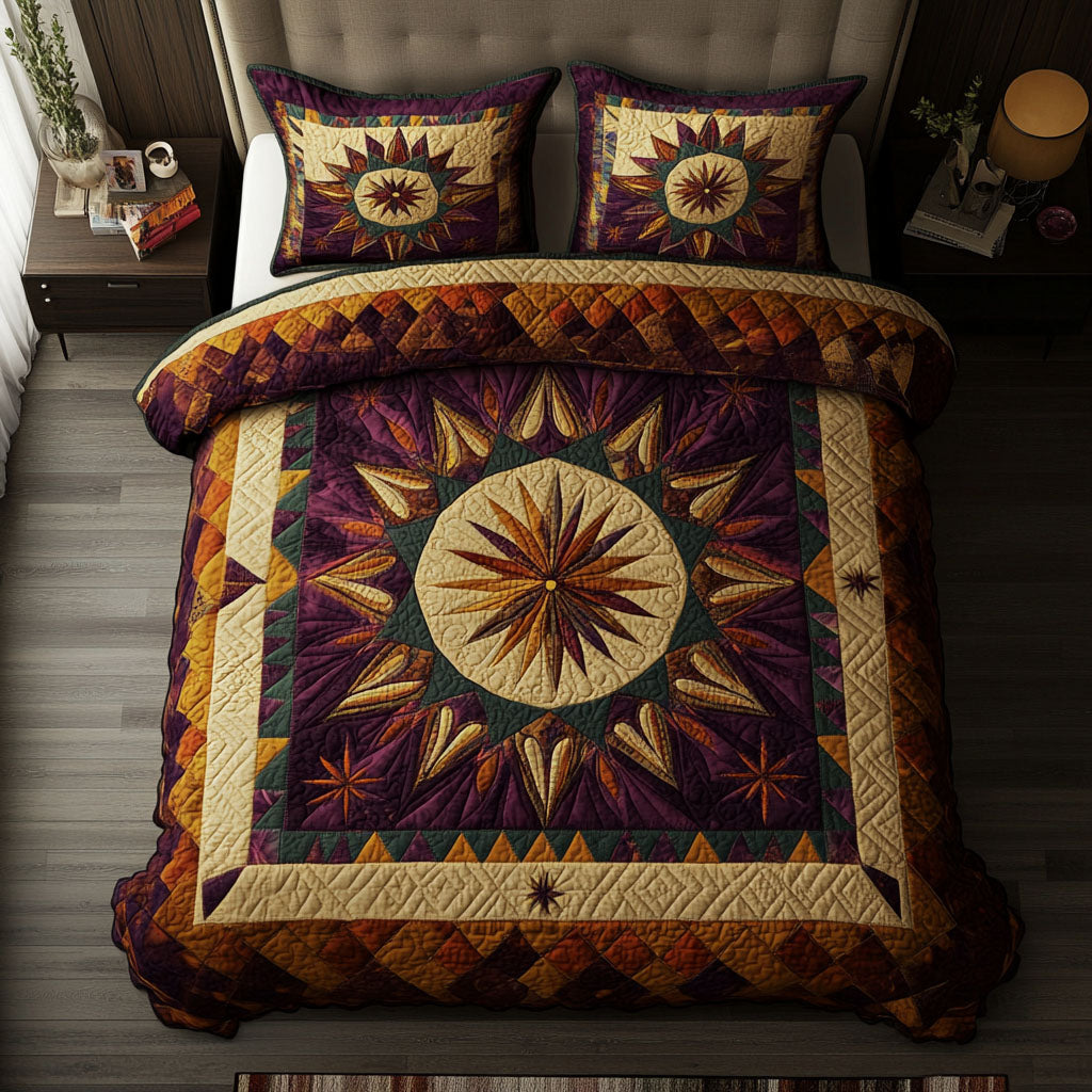 Southwest Star Path quilted 3-piece bedding set on a made bed with two matching pillow shams