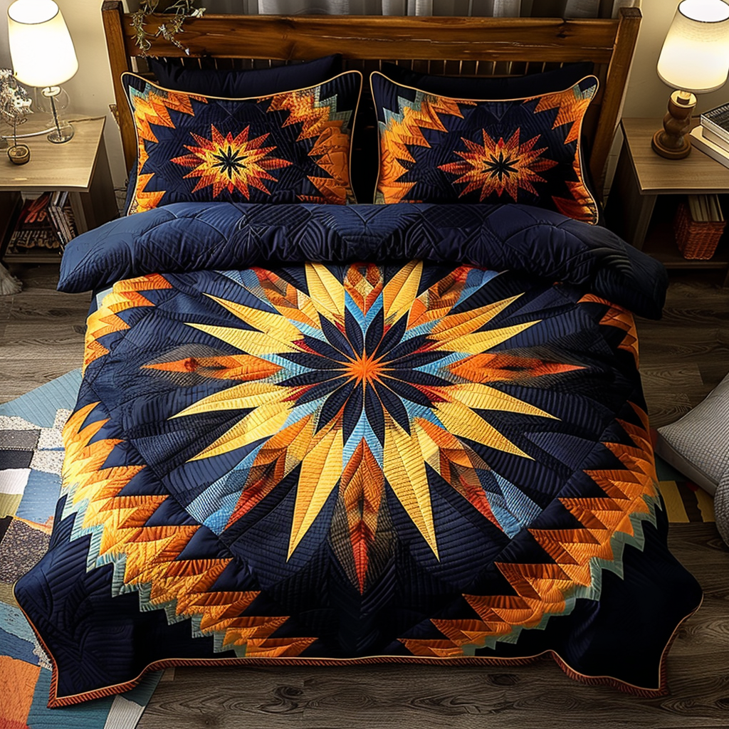 Southwest Starburst quilted 3-piece bedding set on a made bed with two matching pillow shams