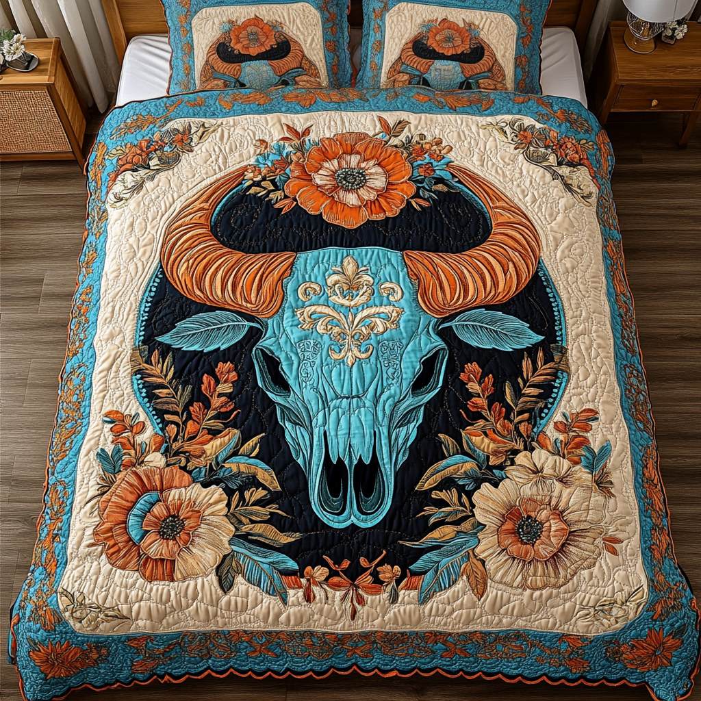 Southwest Strength quilted 3-piece bedding set on a made bed with two matching pillow shams