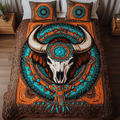 Southwest Strength Bison Skull quilted 3-piece bedding set on a made bed with two matching pillow shams