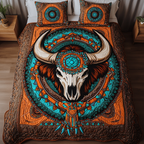 Southwest Strength Bison Skull quilted 3-piece bedding set on a made bed with two matching pillow shams