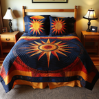 Southwest Sun quilted 3-piece bedding set on a made bed with two matching pillow shams