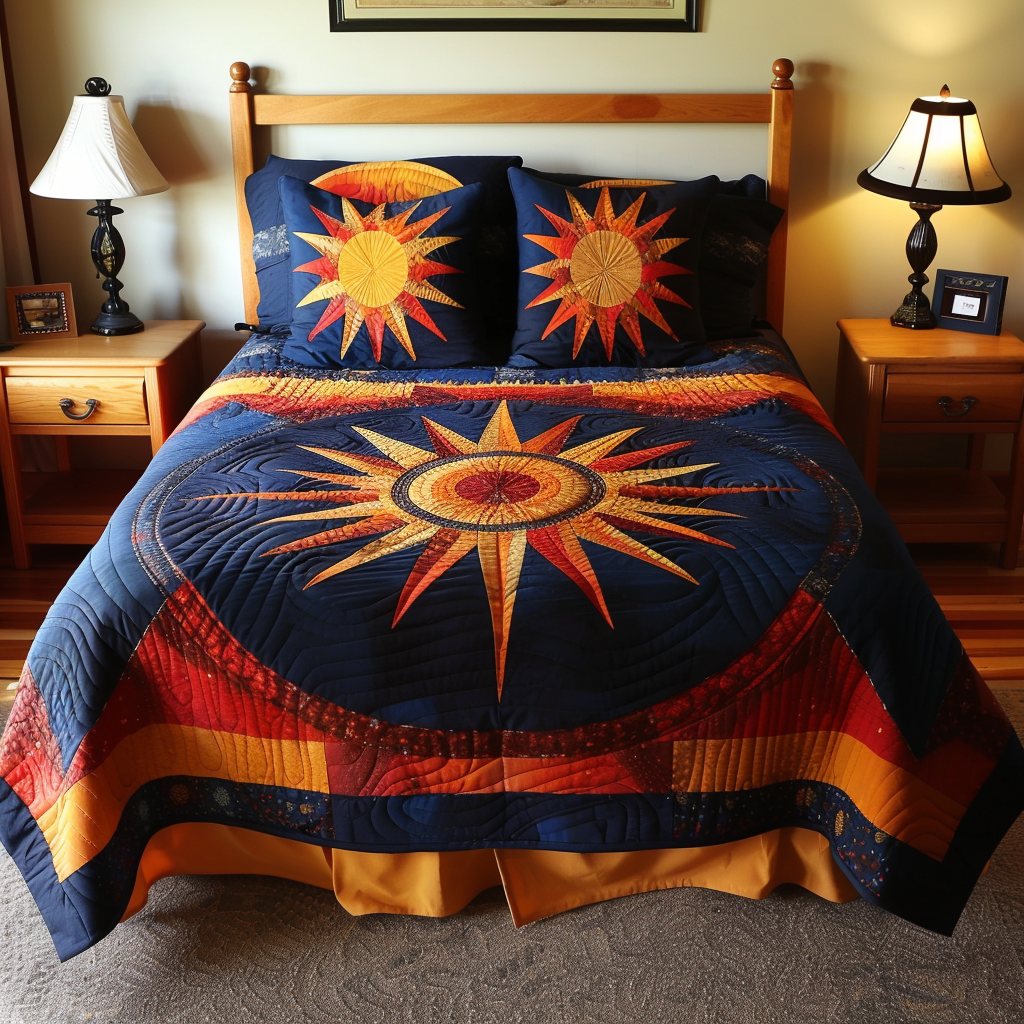 Southwest Sun quilted 3-piece bedding set on a made bed with two matching pillow shams