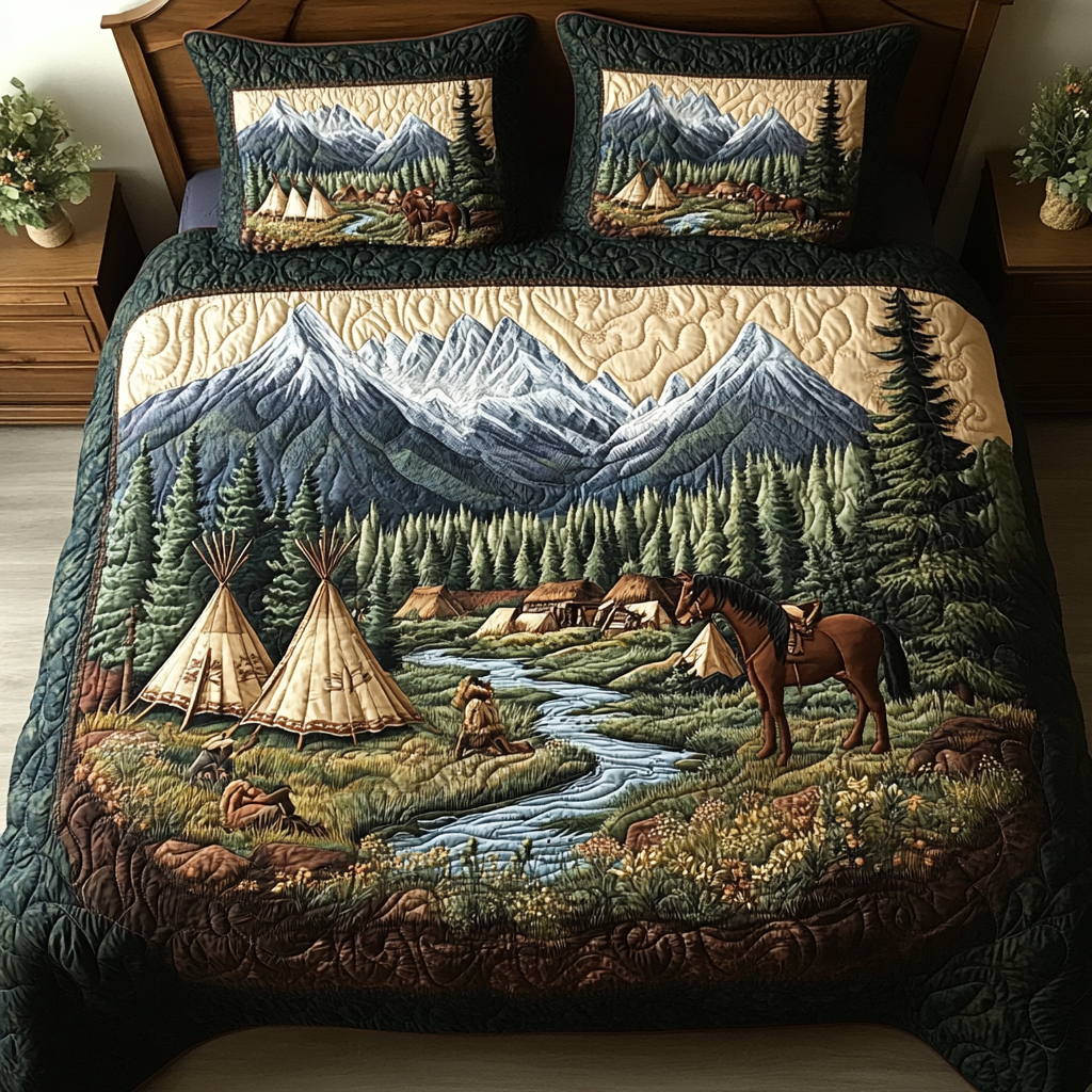 Southwest Valley quilted 3-piece bedding set on a made bed with two matching pillow shams