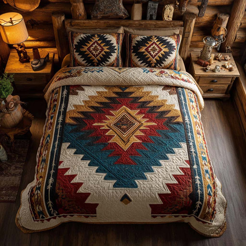 Southwestern Sunrise Peak quilted 3-piece bedding set on a made bed with two matching pillow shams
