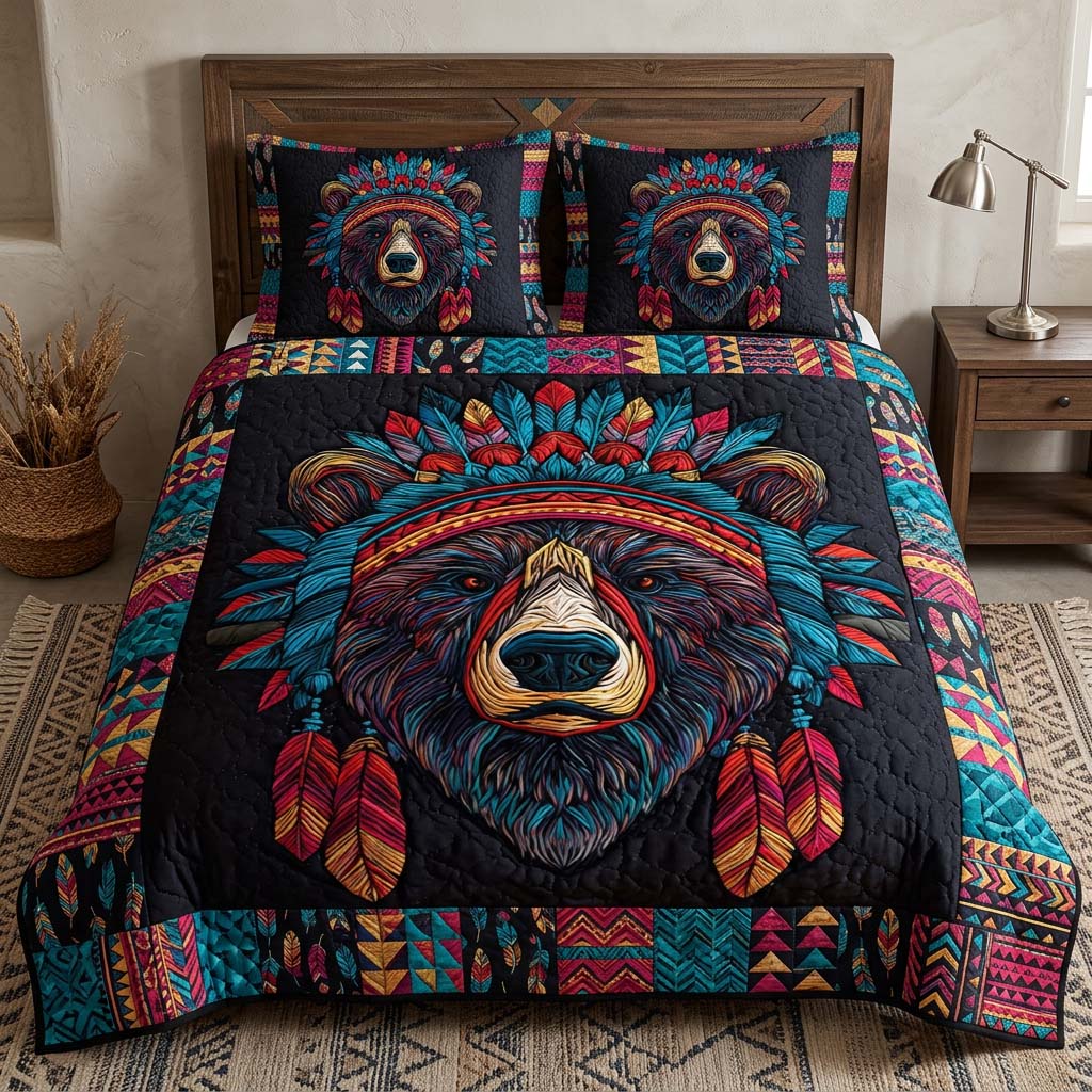 Spirit Bear Midnight quilted 3-piece bedding set on a made bed with two matching pillow shams