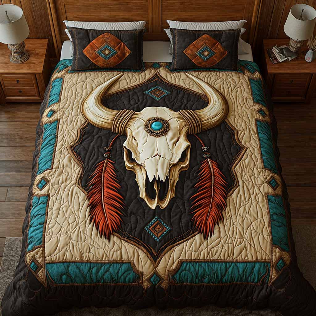 Spirit Buffalo quilted 3-piece bedding set on a made bed with two matching pillow shams