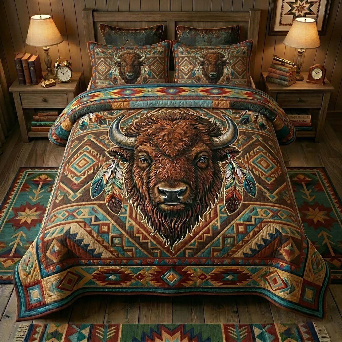 Spirit Buffalo Feathercrest quilted 3-piece bedding set on a made bed with two matching pillow shams