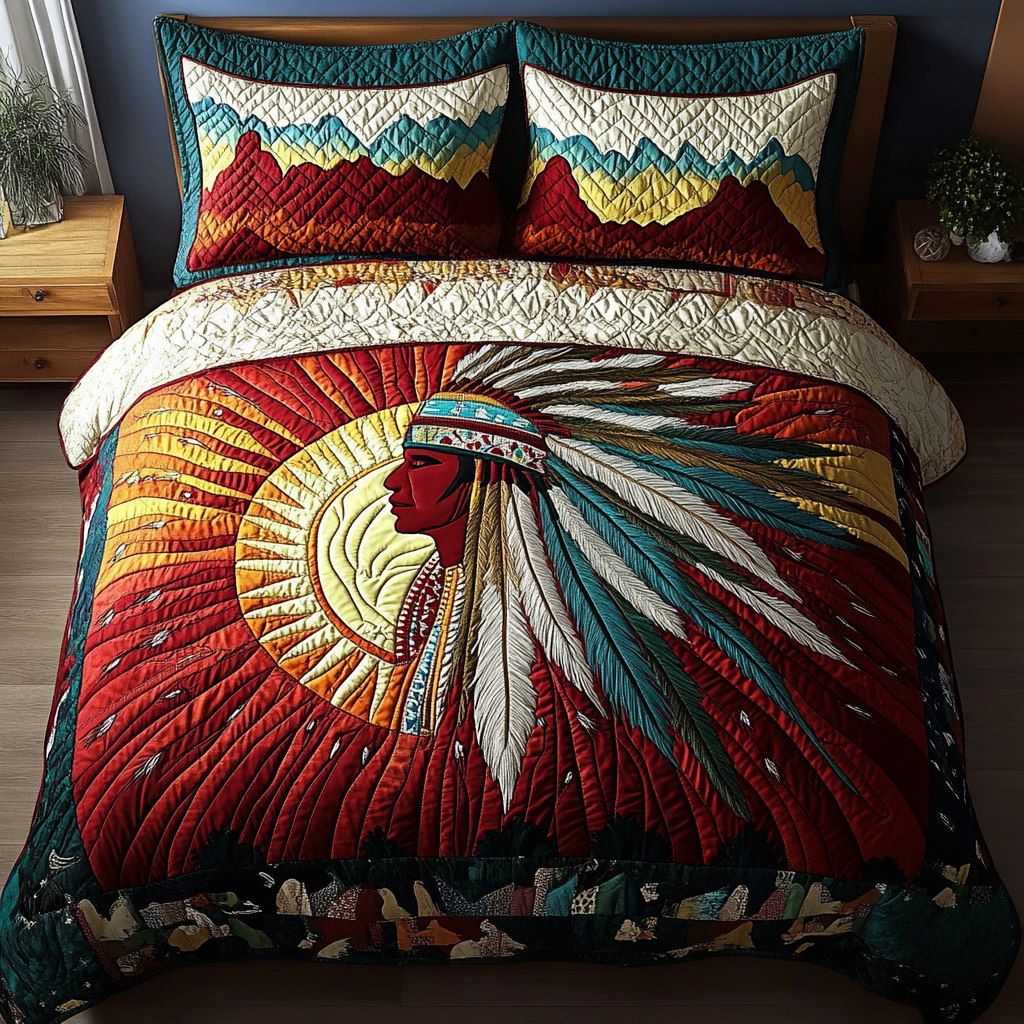 Spirit Of The Plains Southwest quilted 3-piece bedding set on a made bed with two matching pillow shams