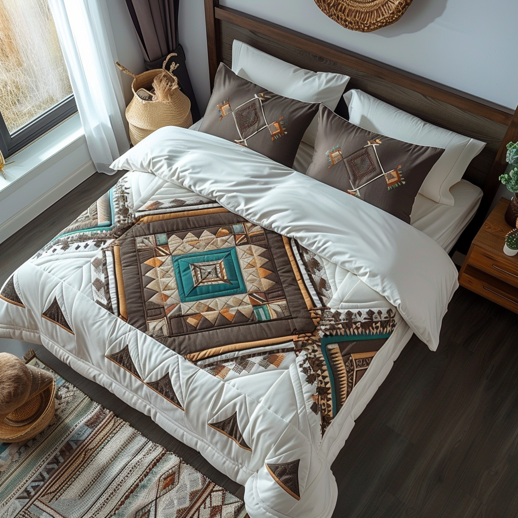 Spirit Weave Southwest quilted 3-piece bedding set on a made bed with two matching pillow shams
