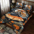 Spooky Cat quilted 3-piece bedding set on a made bed with two matching pillow shams
