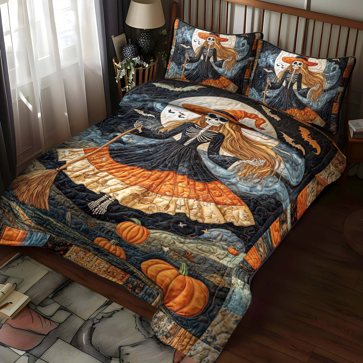Spooky Cat quilted 3-piece bedding set on a made bed with two matching pillow shams