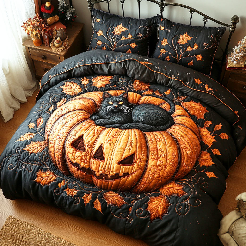 Spooky Cat Autumn quilted 3-piece bedding set on a made bed with two matching pillow shams
