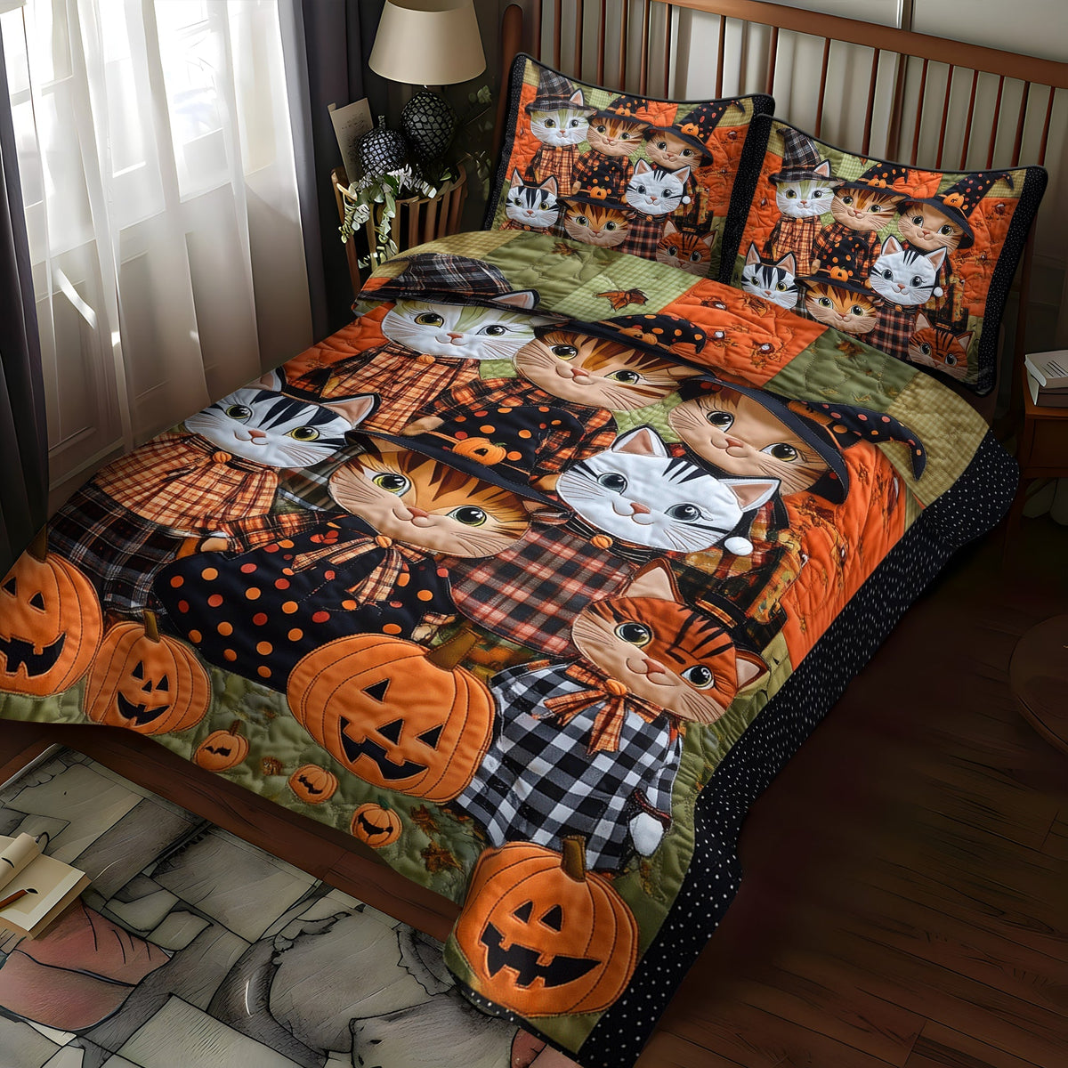 Spooky Paws quilted 3-piece bedding set on a made bed with two matching pillow shams