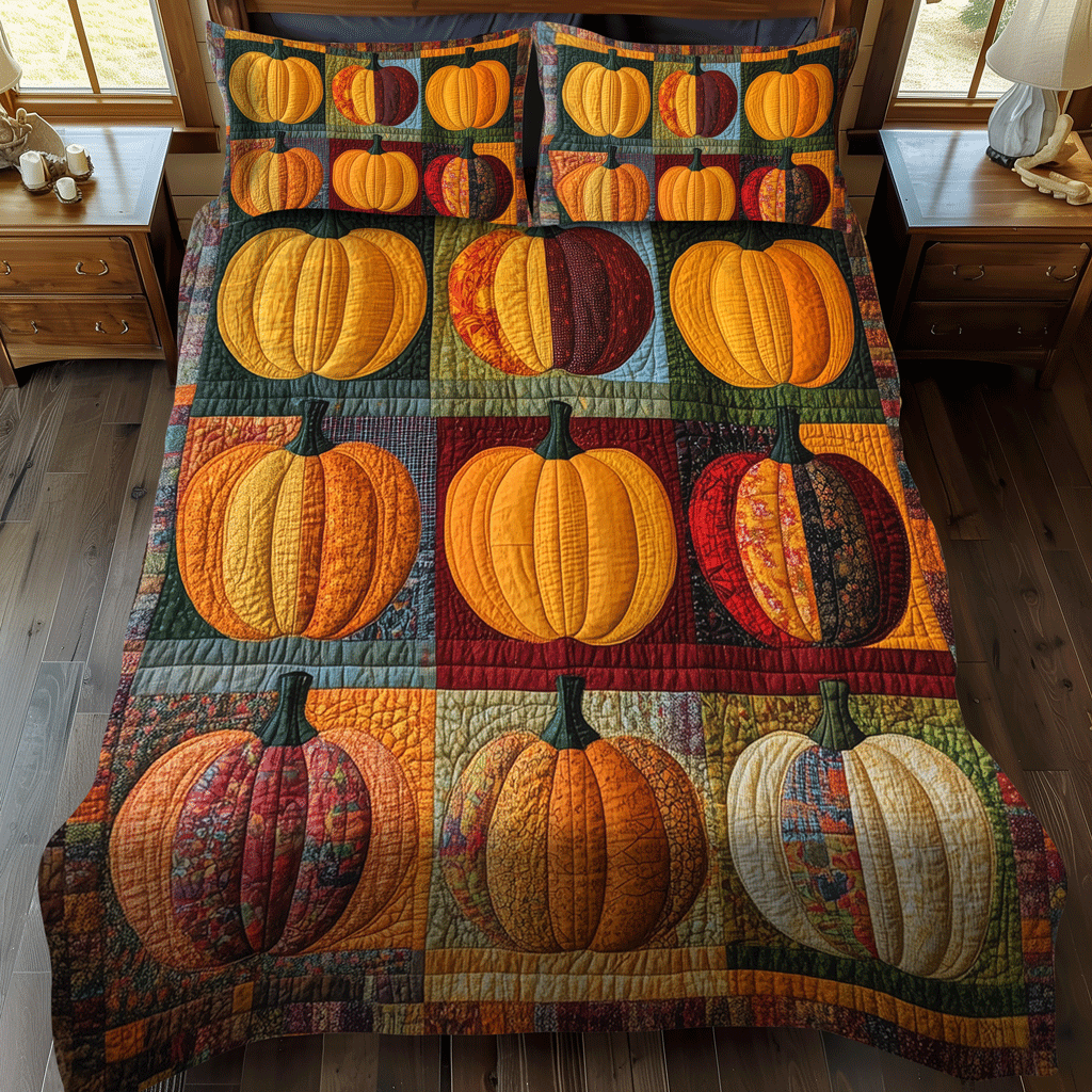 Spooky Pumpkin Autumn quilted 3-piece bedding set on a made bed with two matching pillow shams