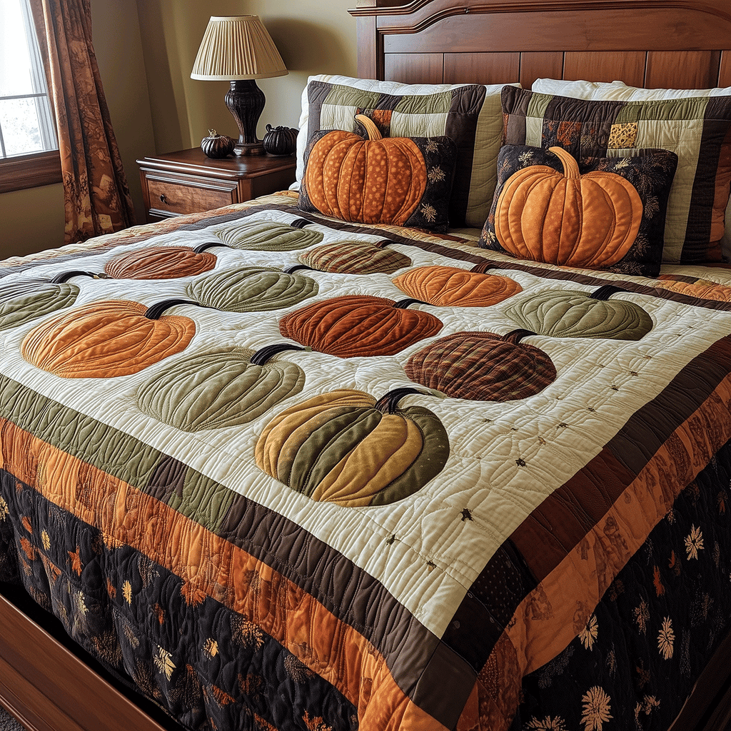 Spooky Pumpkin Halloween quilted 3-piece bedding set on a made bed with two matching pillow shams