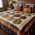 Spooky Pumpkin Halloween quilted 3-piece bedding set on a made bed with two matching pillow shams