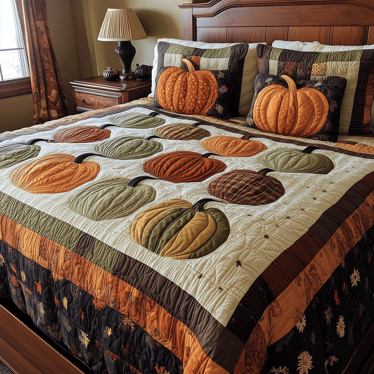 Spooky Pumpkin Halloween quilted 3-piece bedding set on a made bed with two matching pillow shams