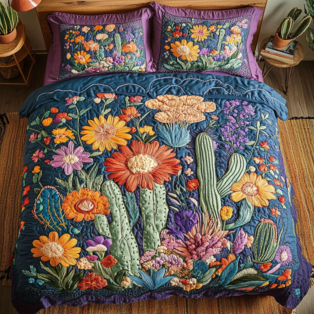 Spring Awakening quilted 3-piece bedding set on a made bed with two matching pillow shams