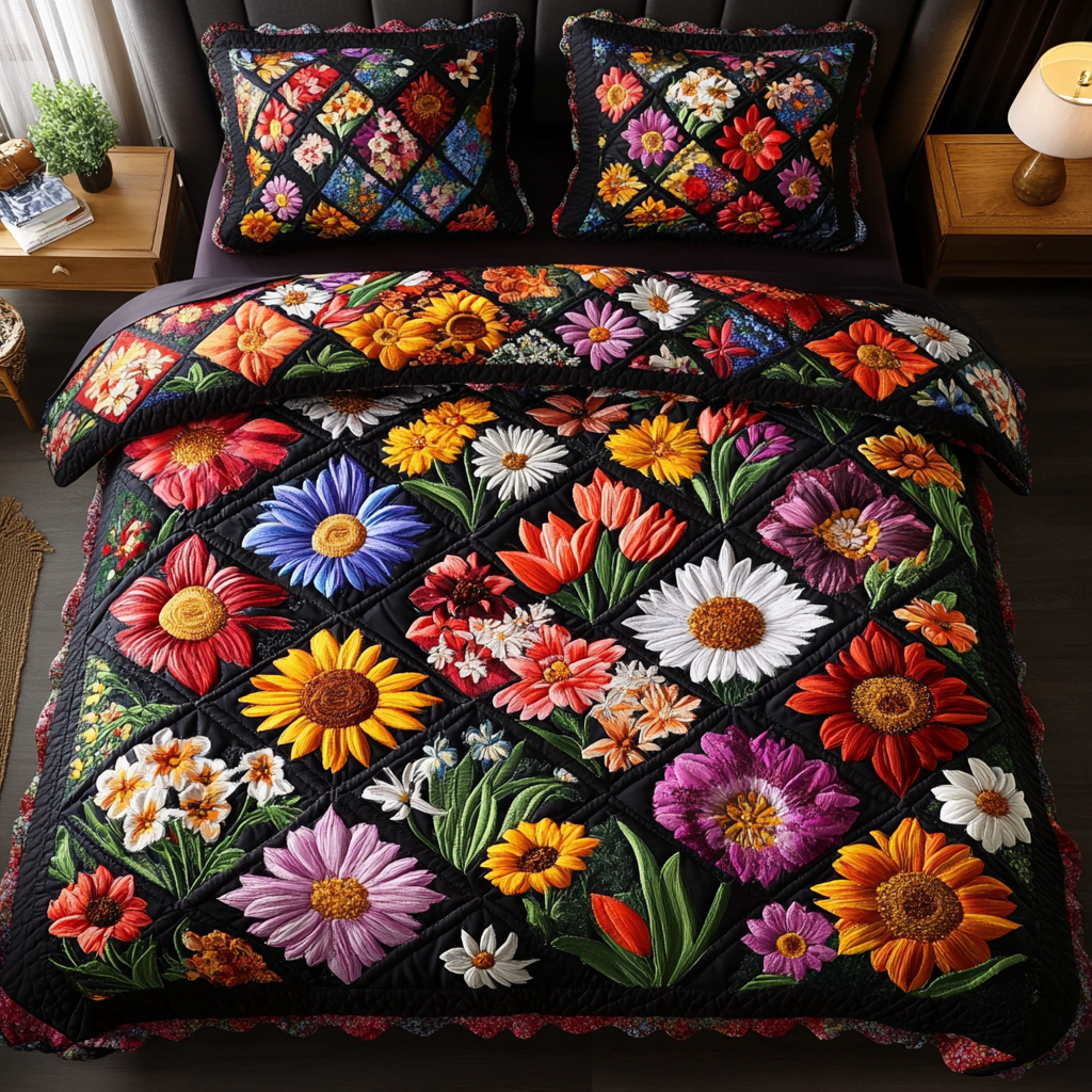 Spring Blossom Bedspread quilted 3-piece bedding set on a made bed with two matching pillow shams