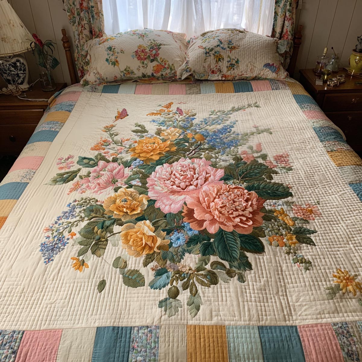 Spring Bouquet quilted 3-piece bedding set on a made bed with two matching pillow shams