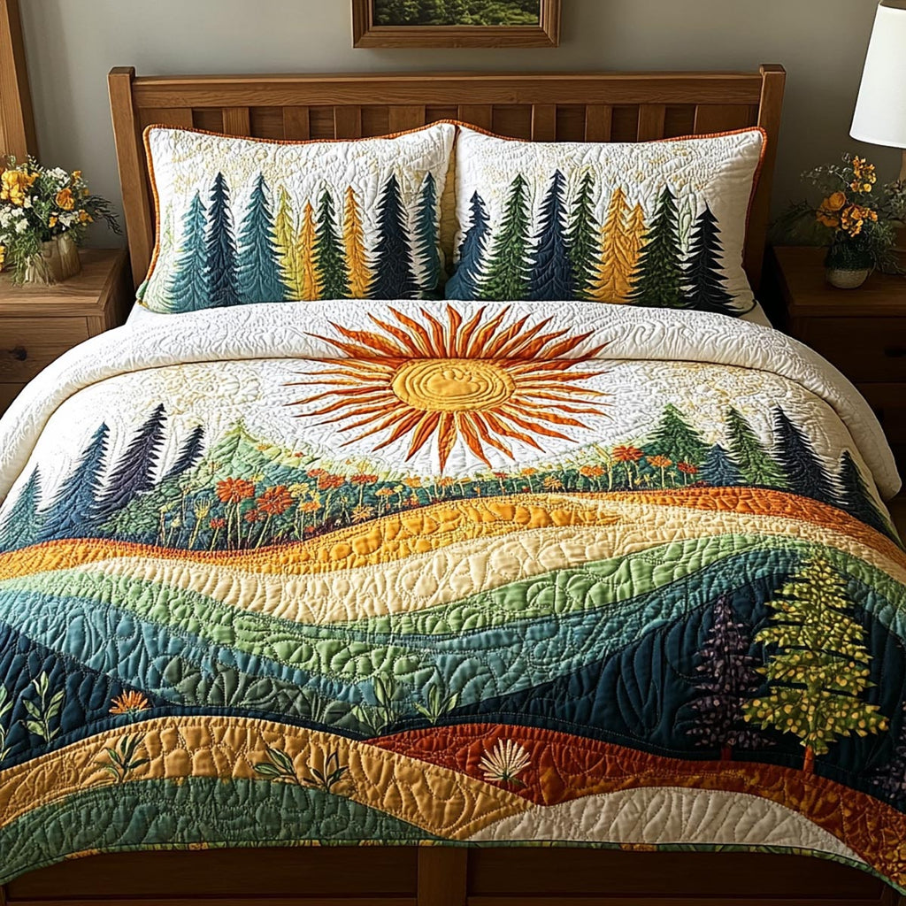 Spring Forest Retreat quilted 3-piece bedding set on a made bed with two matching pillow shams