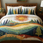 Spring Forest Retreat quilted 3-piece bedding set on a made bed with two matching pillow shams