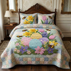 Spring Garden Animal quilted 3-piece bedding set on a made bed with two matching pillow shams