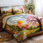 Spring Meadow Daisy quilted 3-piece bedding set on a made bed with two matching pillow shams