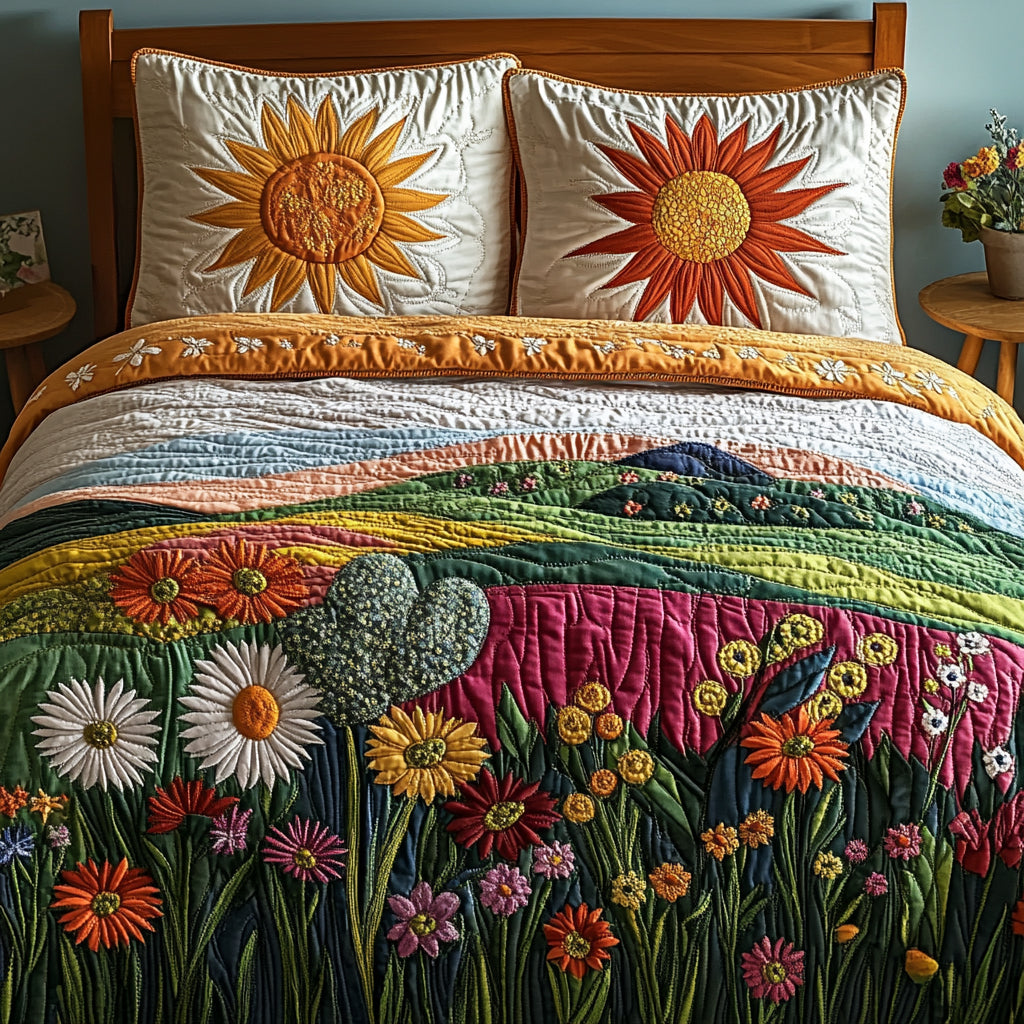 Spring Meadow Flower quilted 3-piece bedding set on a made bed with two matching pillow shams