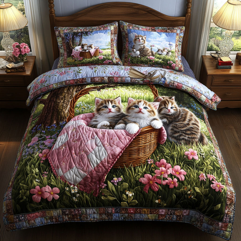 Springtime Kittens quilted 3-piece bedding set on a made bed with two matching pillow shams