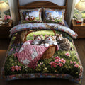 Springtime Kittens quilted 3-piece bedding set on a made bed with two matching pillow shams