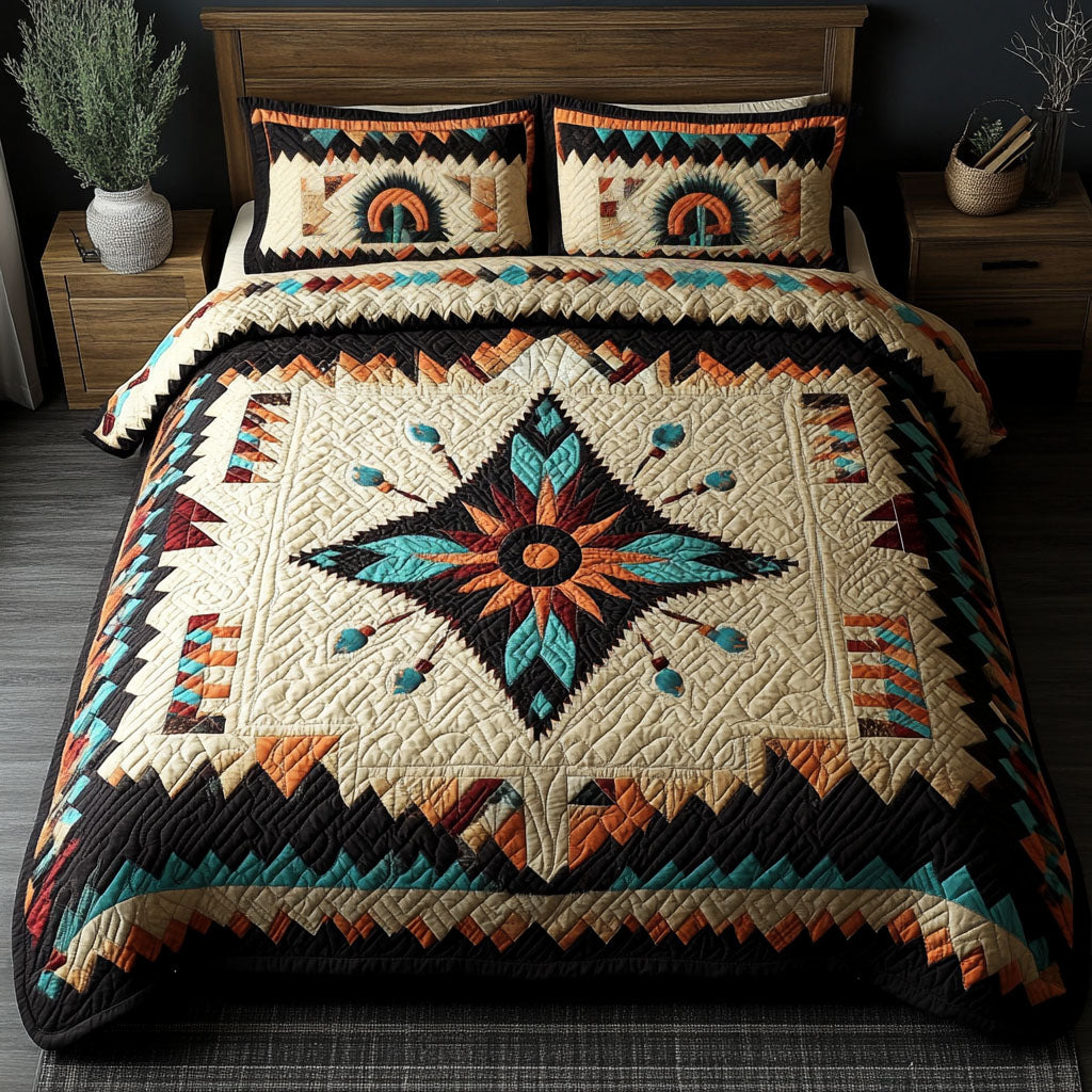 Stallion Starburst quilted 3-piece bedding set on a made bed with two matching pillow shams
