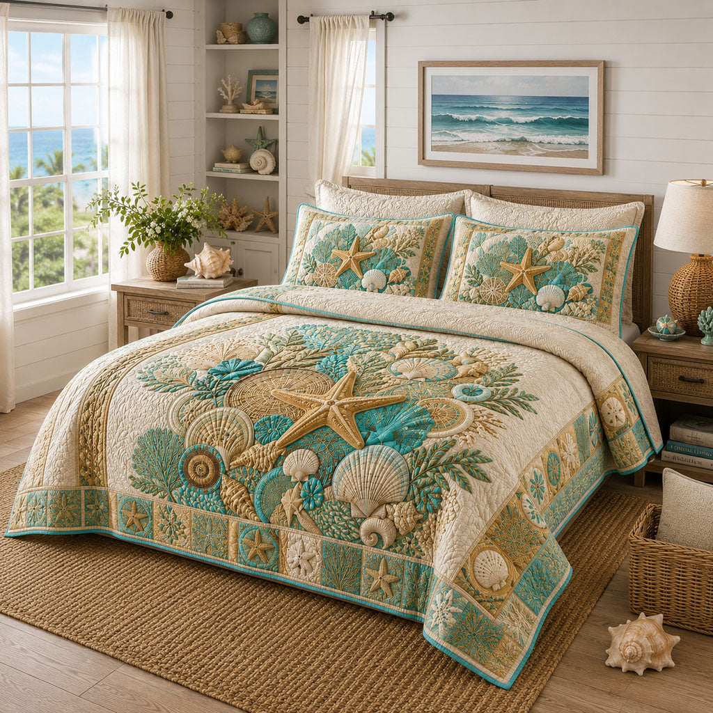 Starfish Sanctuary quilted 3-piece bedding set on a made bed with two matching pillow shams