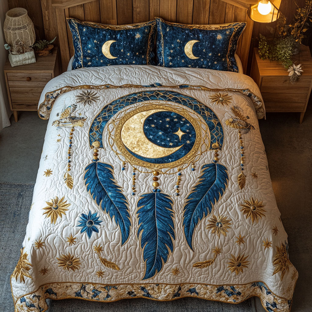 Starlit Catcher Dreamcatcher quilted 3-piece bedding set on a made bed with two matching pillow shams