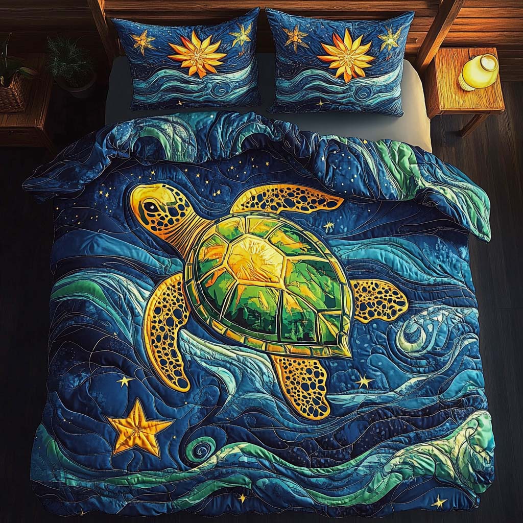 Starlit Turtle quilted 3-piece bedding set on a made bed with two matching pillow shams