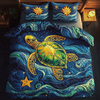 Starlit Turtle quilted 3-piece bedding set on a made bed with two matching pillow shams