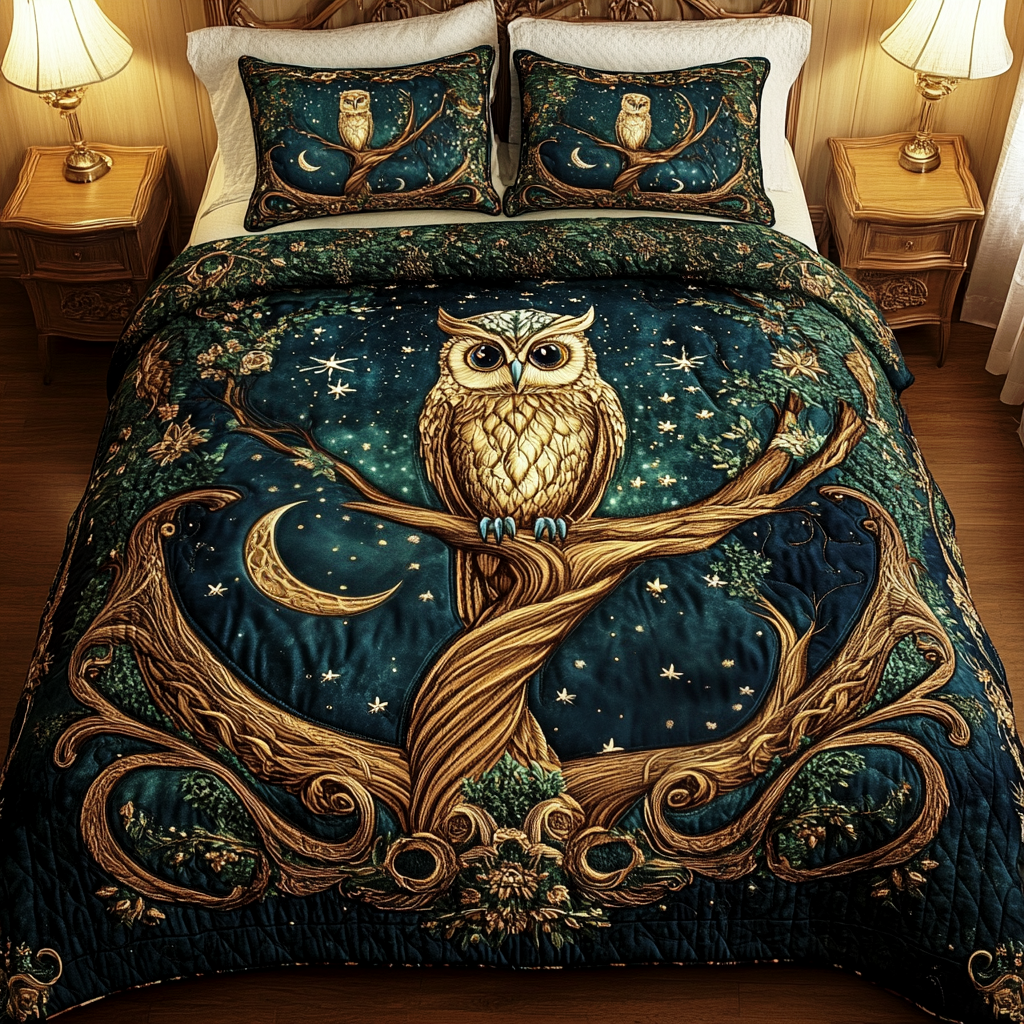Starry Sentinel quilted 3-piece bedding set on a made bed with two matching pillow shams