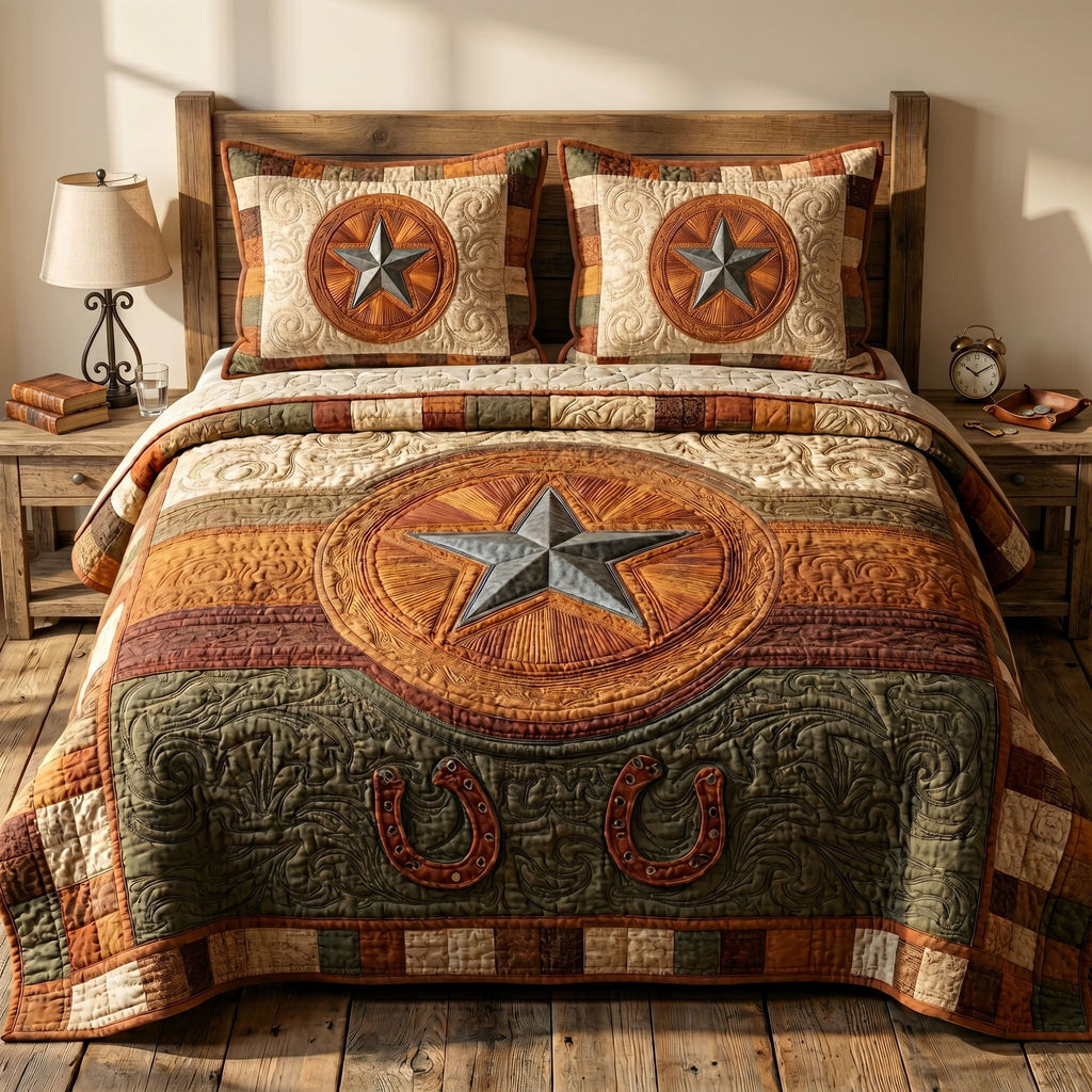 State Pride Texas quilted 3-piece bedding set on a made bed with two matching pillow shams
