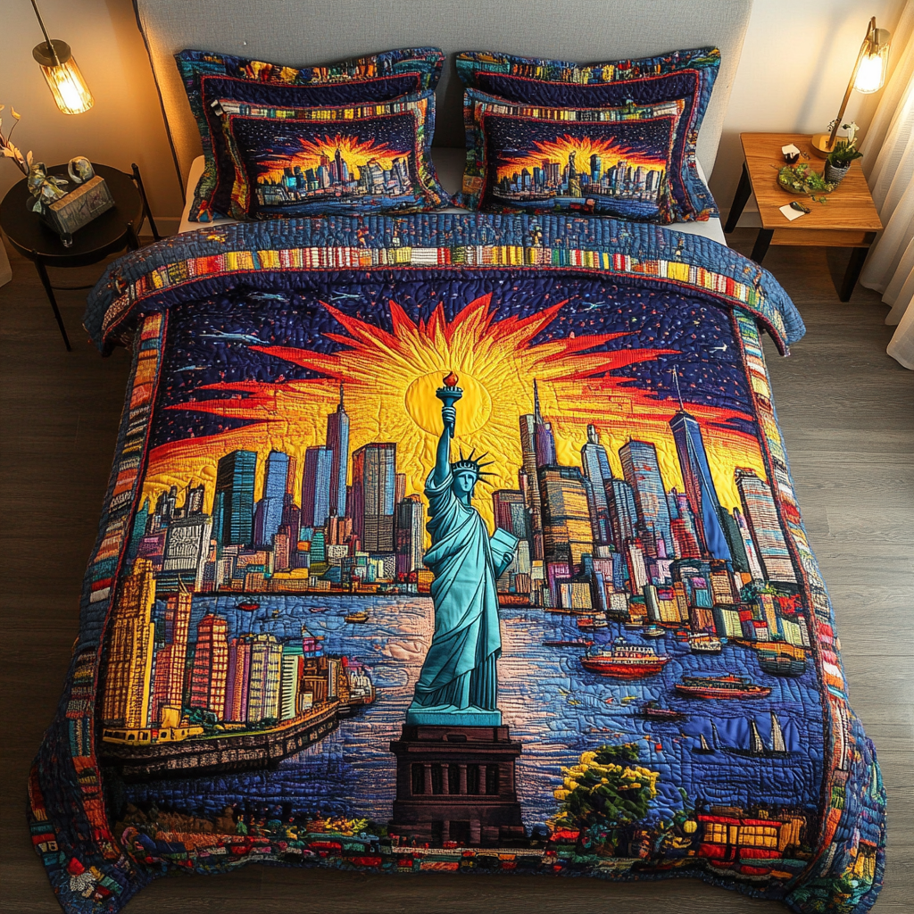 Statue Of Hope quilted 3-piece bedding set on a made bed with two matching pillow shams