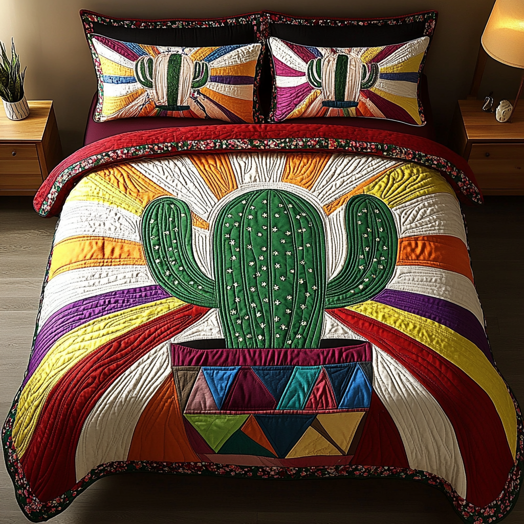 Succulent Serenity Bedspreads quilted 3-piece bedding set on a made bed with two matching pillow shams