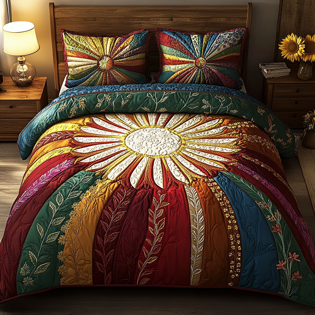 Sun And Flowers quilted 3-piece bedding set on a made bed with two matching pillow shams