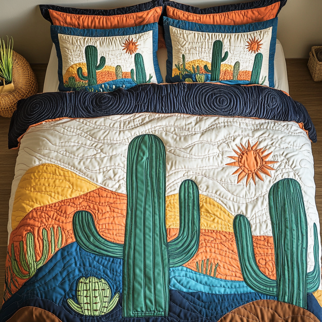 Sun-Kissed Spikes Bedspread quilted 3-piece bedding set on a made bed with two matching pillow shams